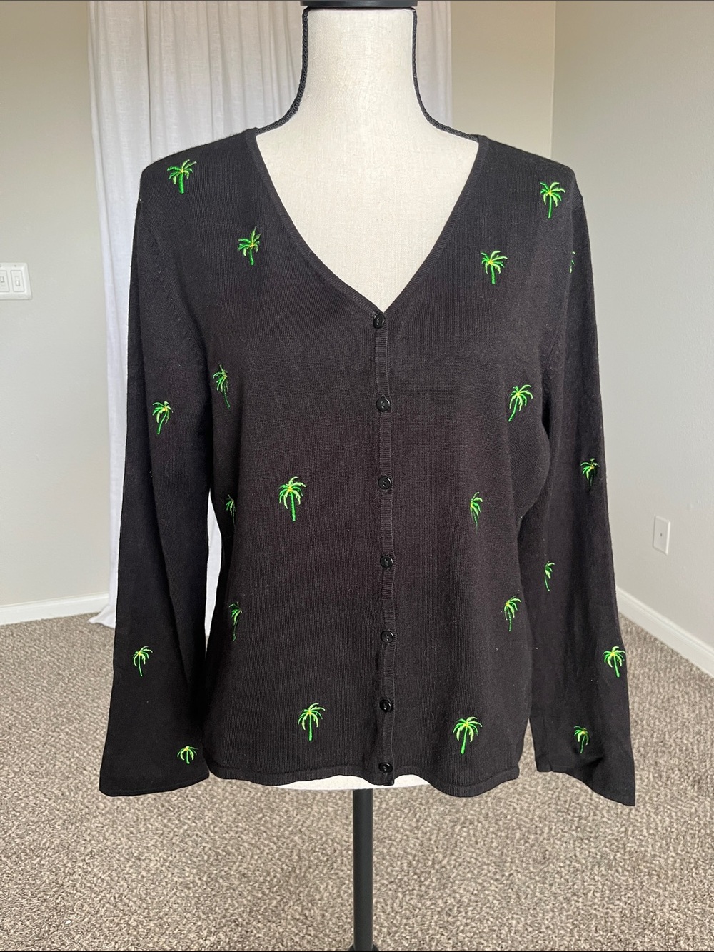 Vintage Etoile Palm Tree Embroidered Cardigan Sweater L Black Green Tropical